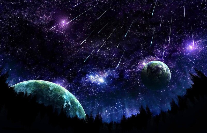 Planets in Starry Sky — Purple, Dramatic, Night, Digital Art, Stars, Meteor Showers