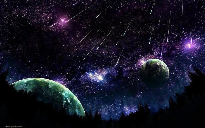 Planets in Starry Sky — Purple, Dramatic, Night, Digital Art