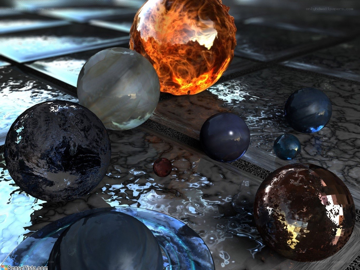 Planets on a reflective surface
