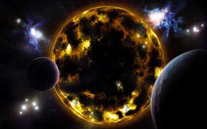 Planets Orbiting Star — Black, Dramatic, Digital Art