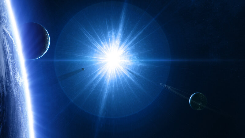 Planets Orbiting Star — Blue, Dramatic, Digital Art