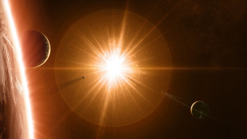 Planets Orbiting Star — Orange, Dramatic, Digital Art, Planet, Ringed Planet