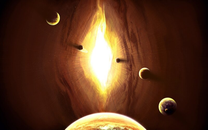Planets Orbiting Star — Orange, Dramatic, Digital Art, Planet, Space
