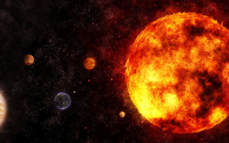Planets Orbiting Star — Orange, Dramatic, Digital Art