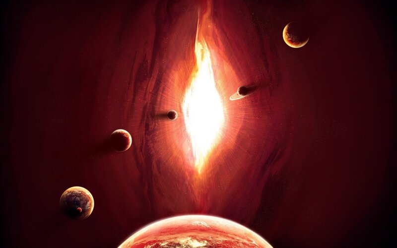 Planets Orbiting Star — Red, Dramatic, Digital Art
