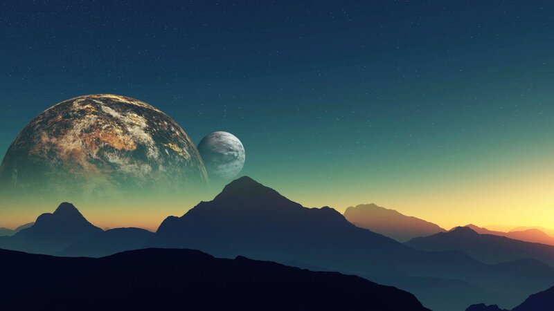 Planets over Mountain Range — Blue, Serene