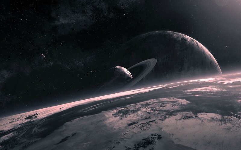 Planets with Rings — Black, Dramatic, Digital Art, Stars, Moons, Gray