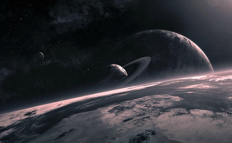 Planets with Rings — Black, Dramatic, Digital Art, Stars, Moons