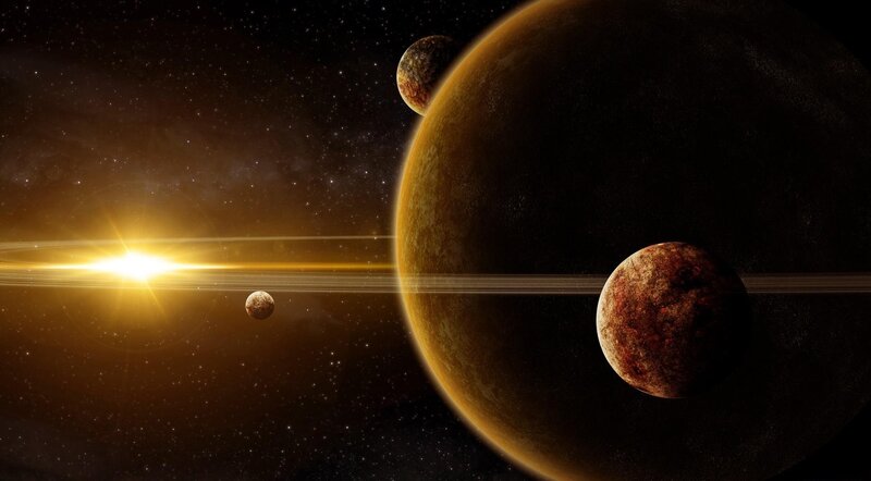 Planets with Rings — Black, Dramatic, Digital Art, Stars, Sun, Brown