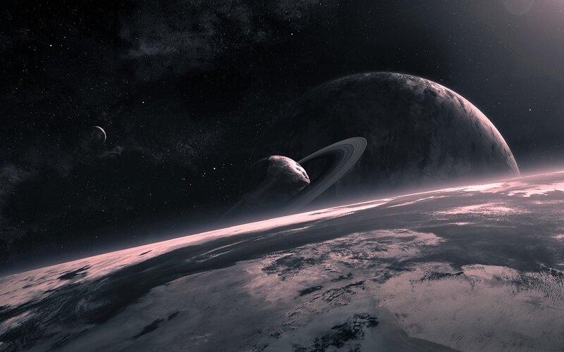 Planets with Rings — Black, Dramatic, Digital Art, Stars