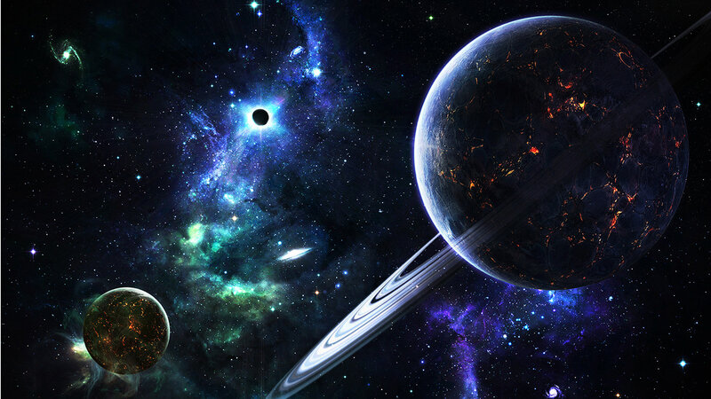 Planets with Rings — Black, Dramatic, Night, Digital Art, Stars