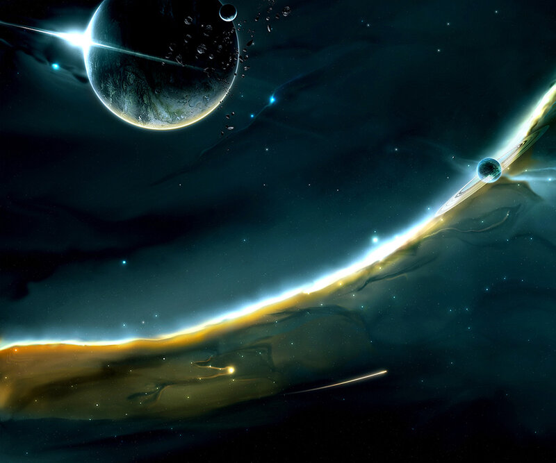Planets with Rings — Black, Dramatic, Night, Digital Art