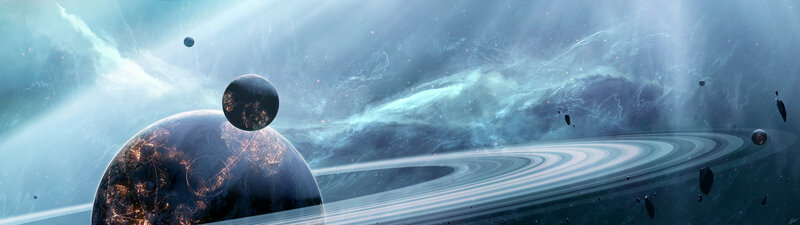 Planets with Rings — Blue, Cosmic, Digital Art, Nebula