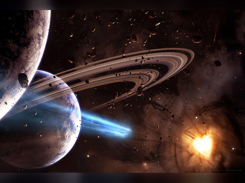Planets with Rings — Blue, Dramatic, Digital Art, Asteroids, Comet, Nebula