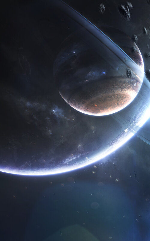 Planets with Rings — Blue, Dramatic, Digital Art, Asteroids