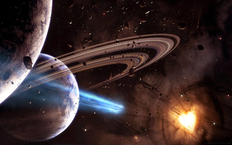 Planets with Rings — Blue, Dramatic, Digital Art