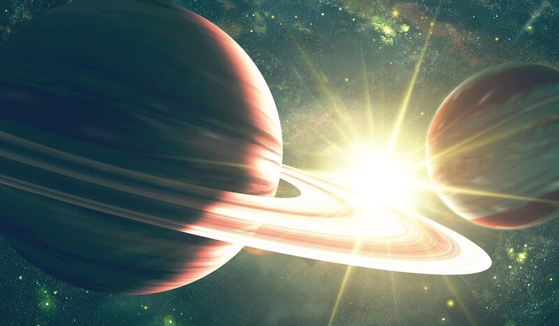 Planets with Rings — Green, Dramatic, Digital Art