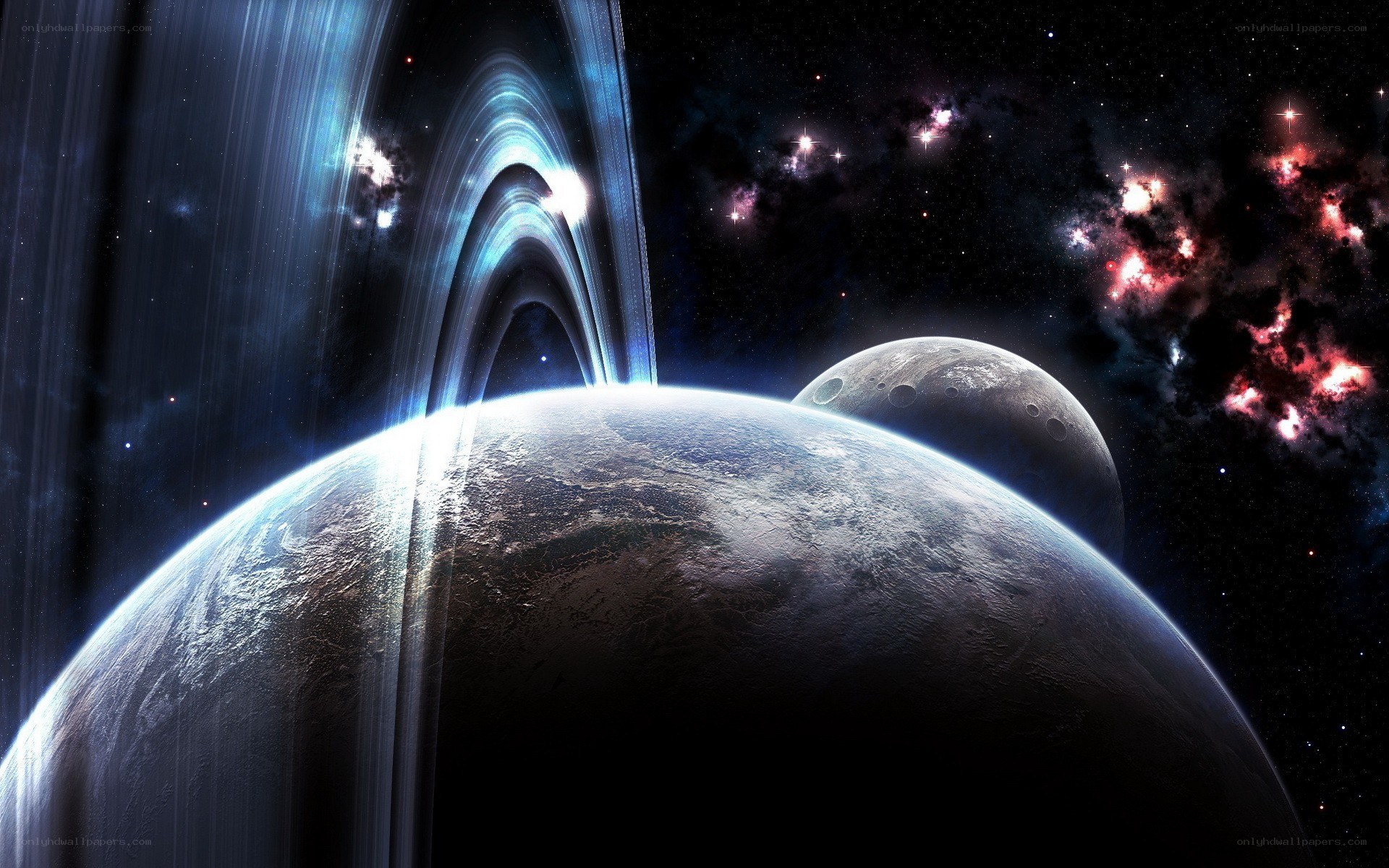 Planets with rings in space