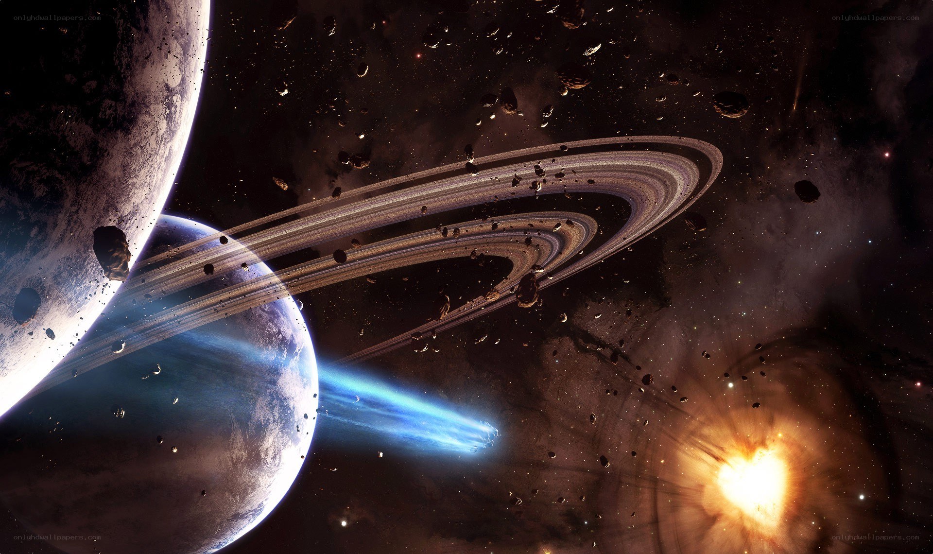 Planets with rings in space