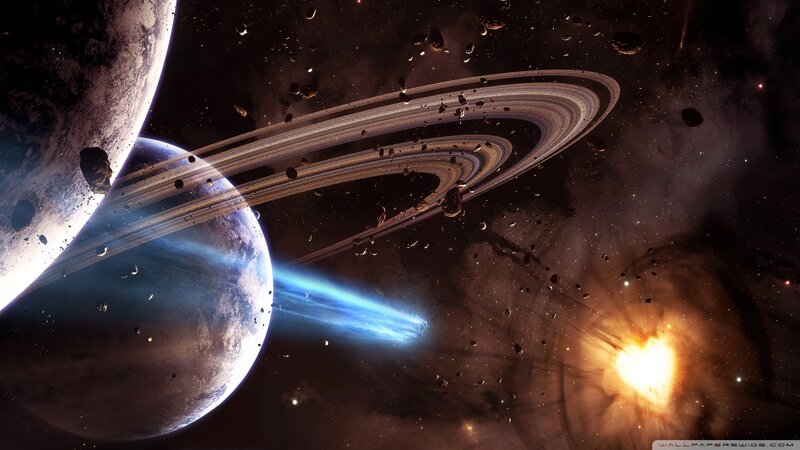 Planets with Rings in Space — Black, Dramatic, Digital Art