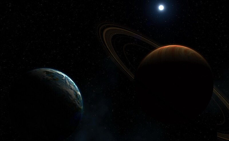 Planets with Rings in Space — Black, Dramatic, Night, Digital Art, Earth