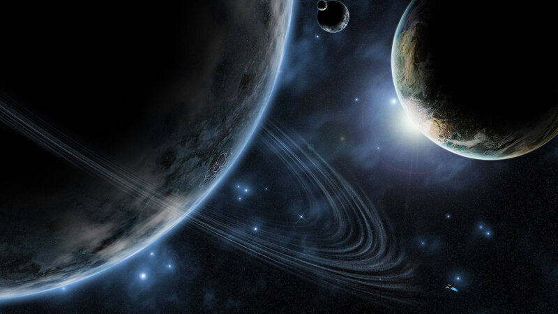 Planets with Rings in Space — Black, Dramatic, Night, Digital Art, Stars, Spacecraft