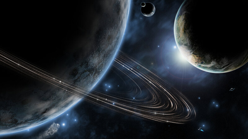 Planets with Rings in Space — Black, Dramatic