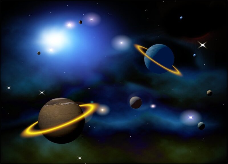Planets with Rings in Space — Blue, Cosmic