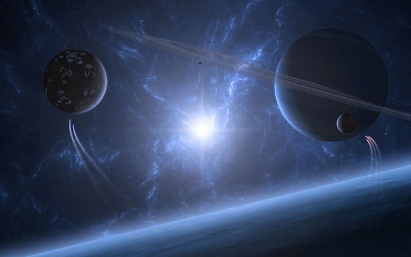Planets with Rings in Space — Blue, Dramatic, Digital Art, Stars, Planet