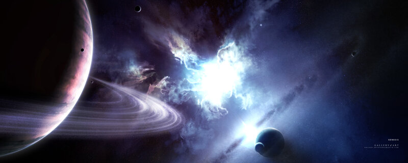 Planets with Rings in Space — Blue, Dramatic, Night, Digital Art, Planet