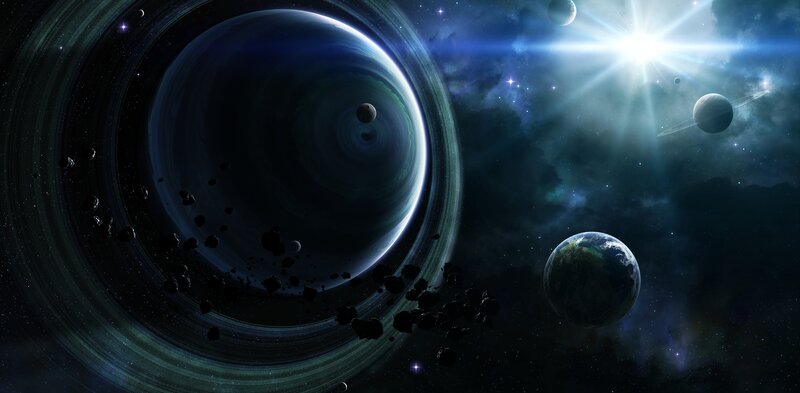 Planets with Rings in Space — Blue, Dramatic, Night, Digital Art, Stars, Asteroids