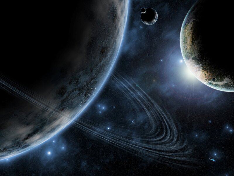 Planets with Rings in Space — Blue, Dramatic