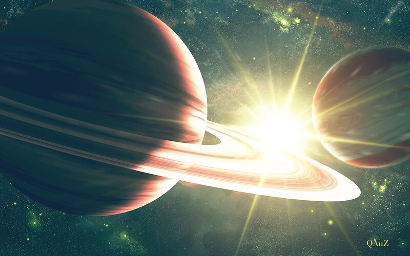 Planets with Rings in Space — Green, Dramatic
