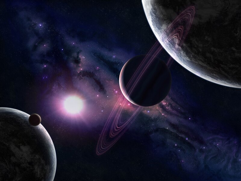 Planets with Rings in Space — Purple, Cosmic