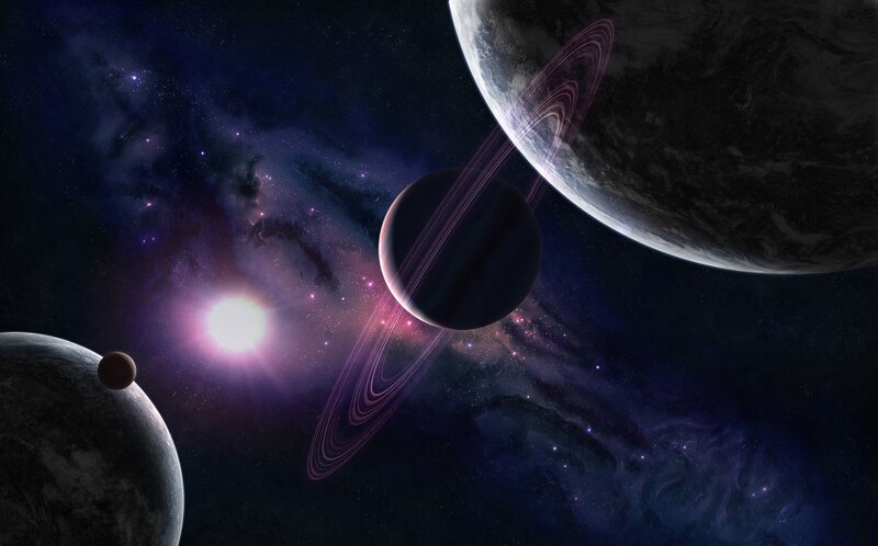 Planets with Rings in Space — Purple