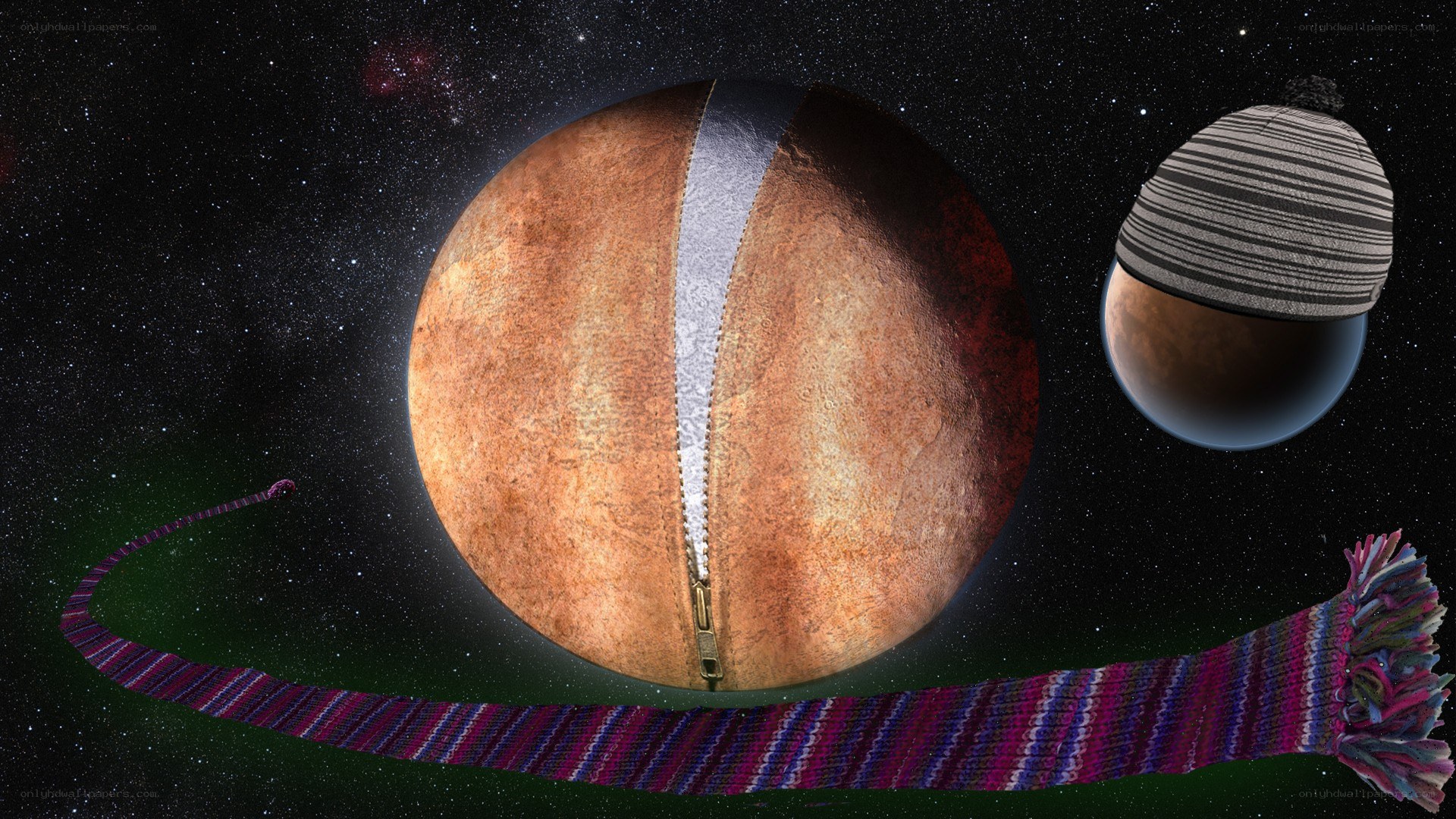 planets with zippers and hats