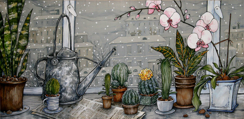 Plants on a snowy windowsill