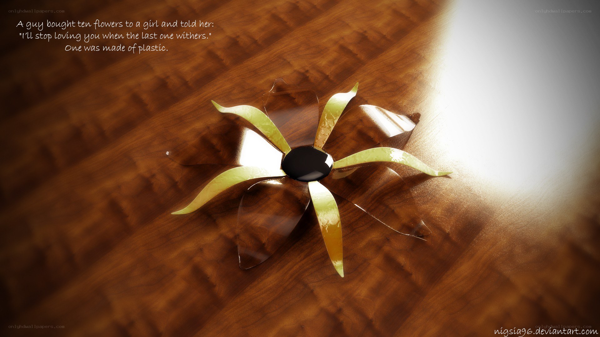 Plastic flower on wood