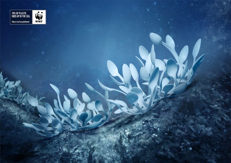 Plastic spoons in ocean