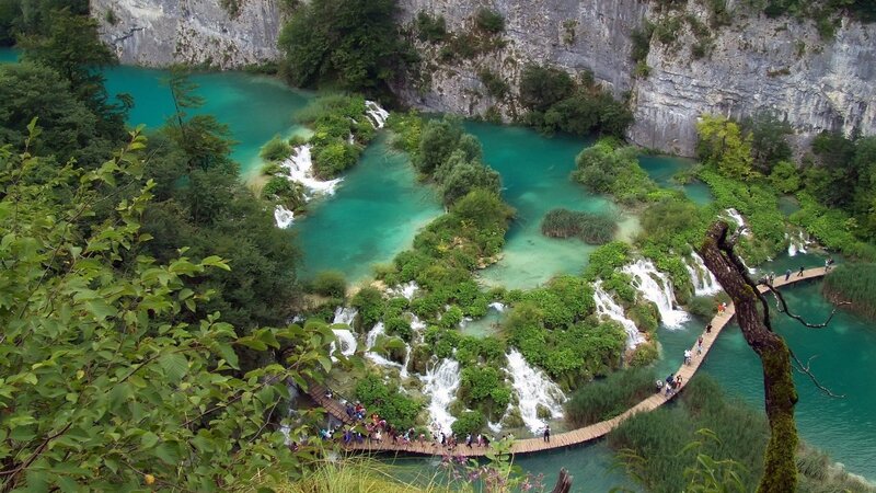 Plastic Walkway over Waterfalls — Green