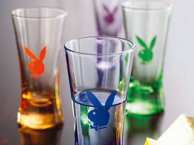 Playboy glasses with colored logos