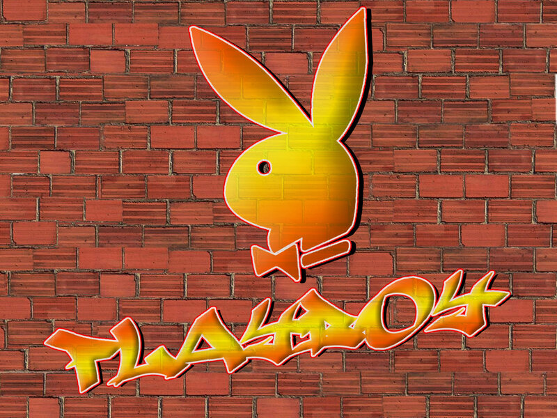 Playboy logo on brick wall