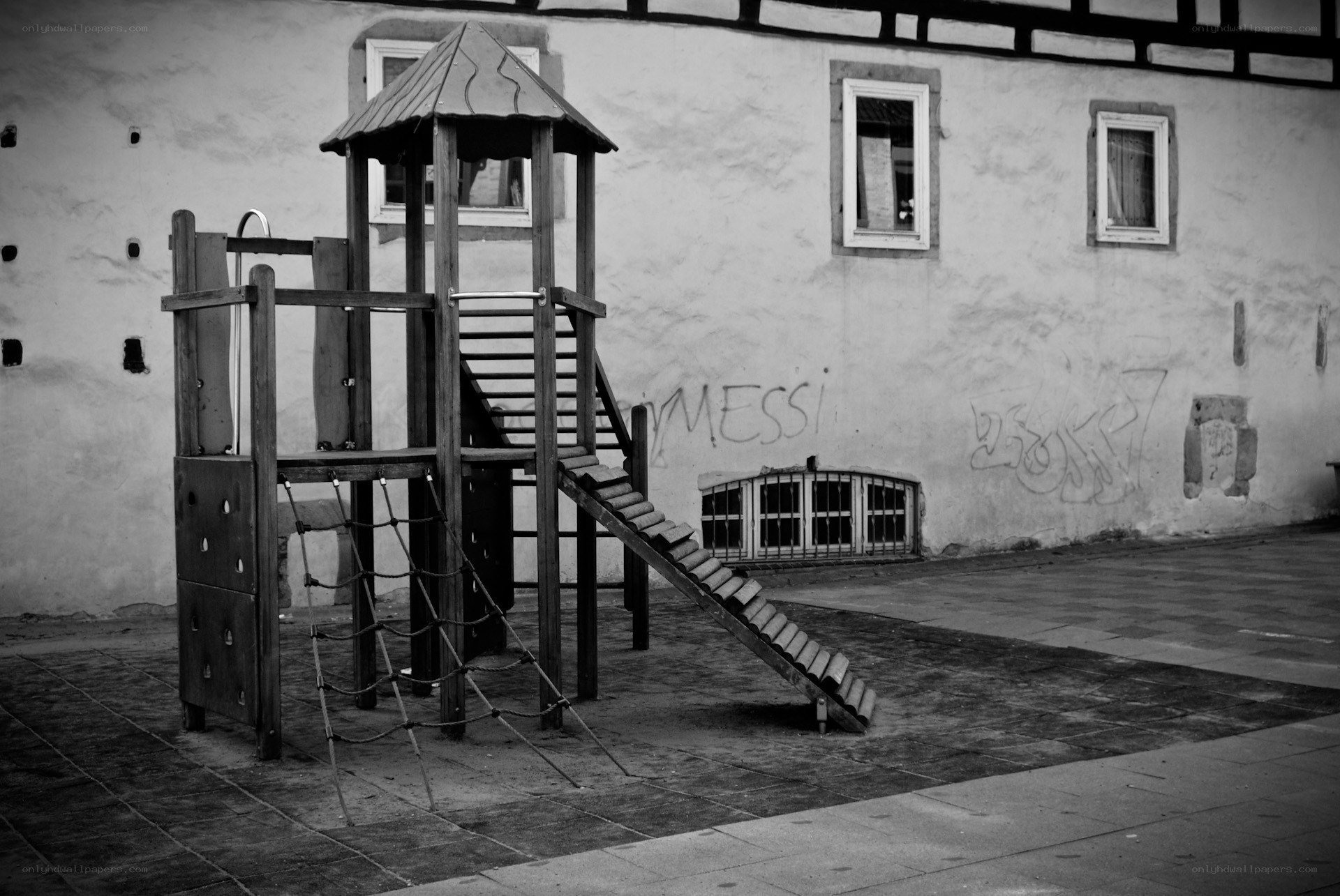 Playground structure in courtyard