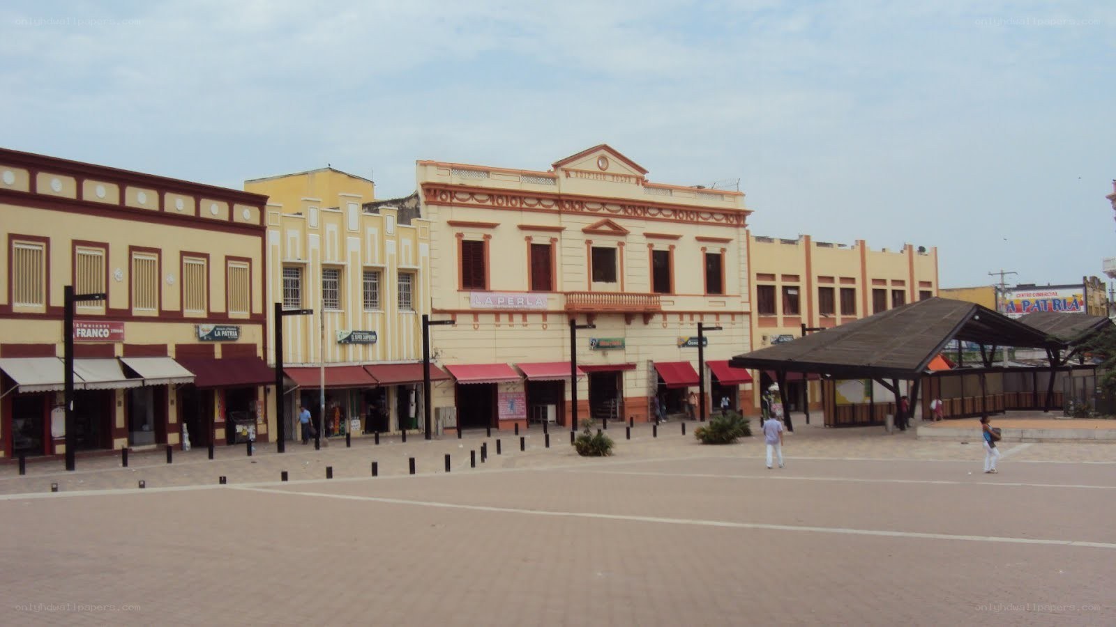 plaza with colonial buildings