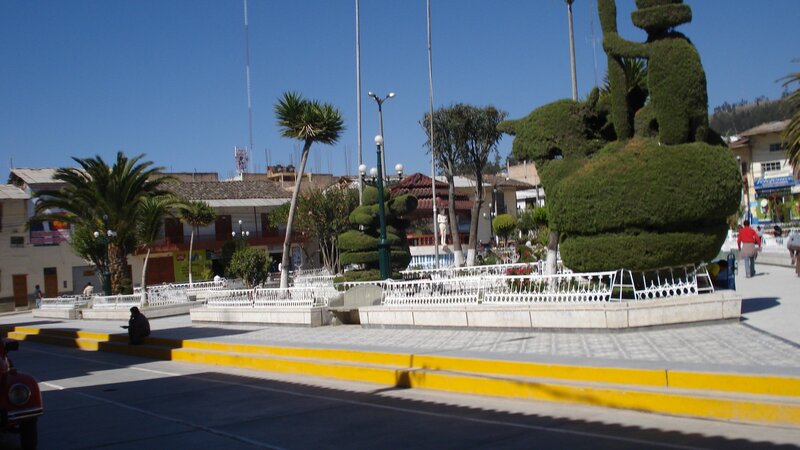 Plaza with topiary sculpture