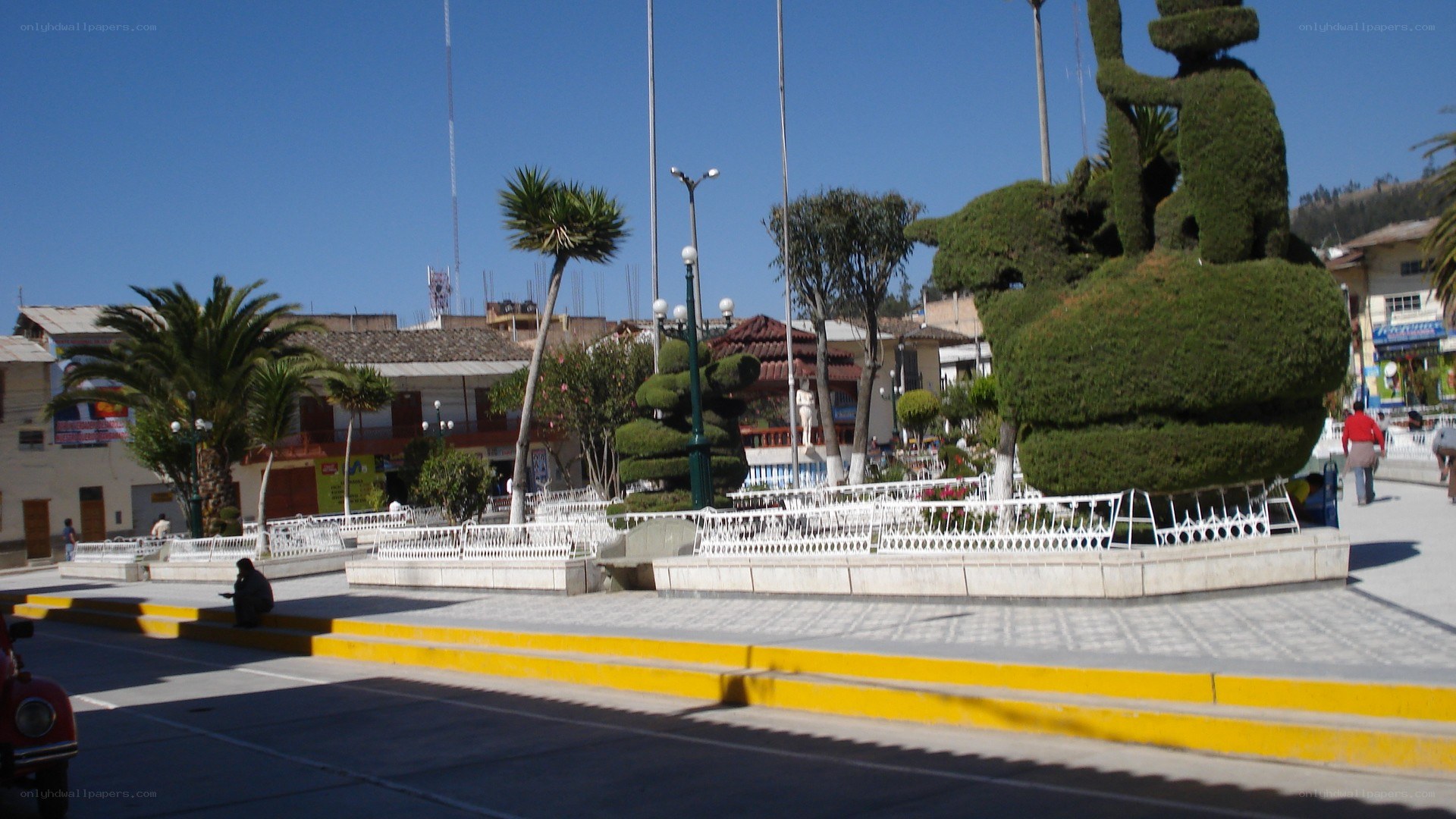 Plaza with topiary sculpture