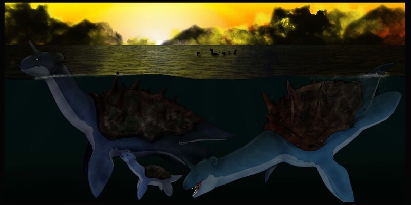 Plesiosaur family at sunset