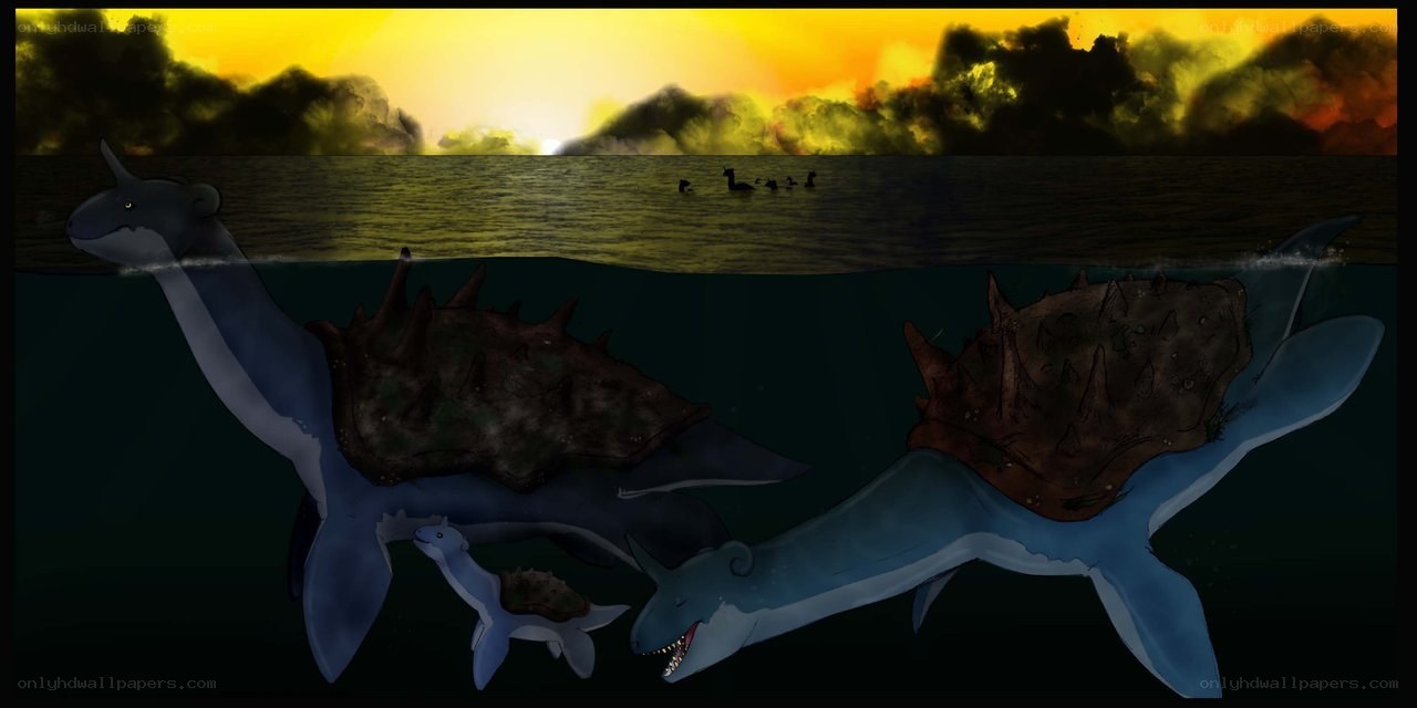 Plesiosaur family at sunset