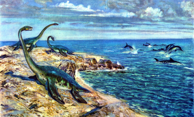 Plesiosaurs on a rocky shore