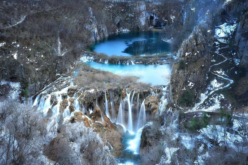 Plitvice Lakes Waterfalls — Blue, Serene, Winter